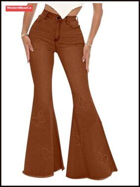 High Waisted Butterfly Embroidered Flare Jeans Raw Hem Bell Bottom Denim Pants